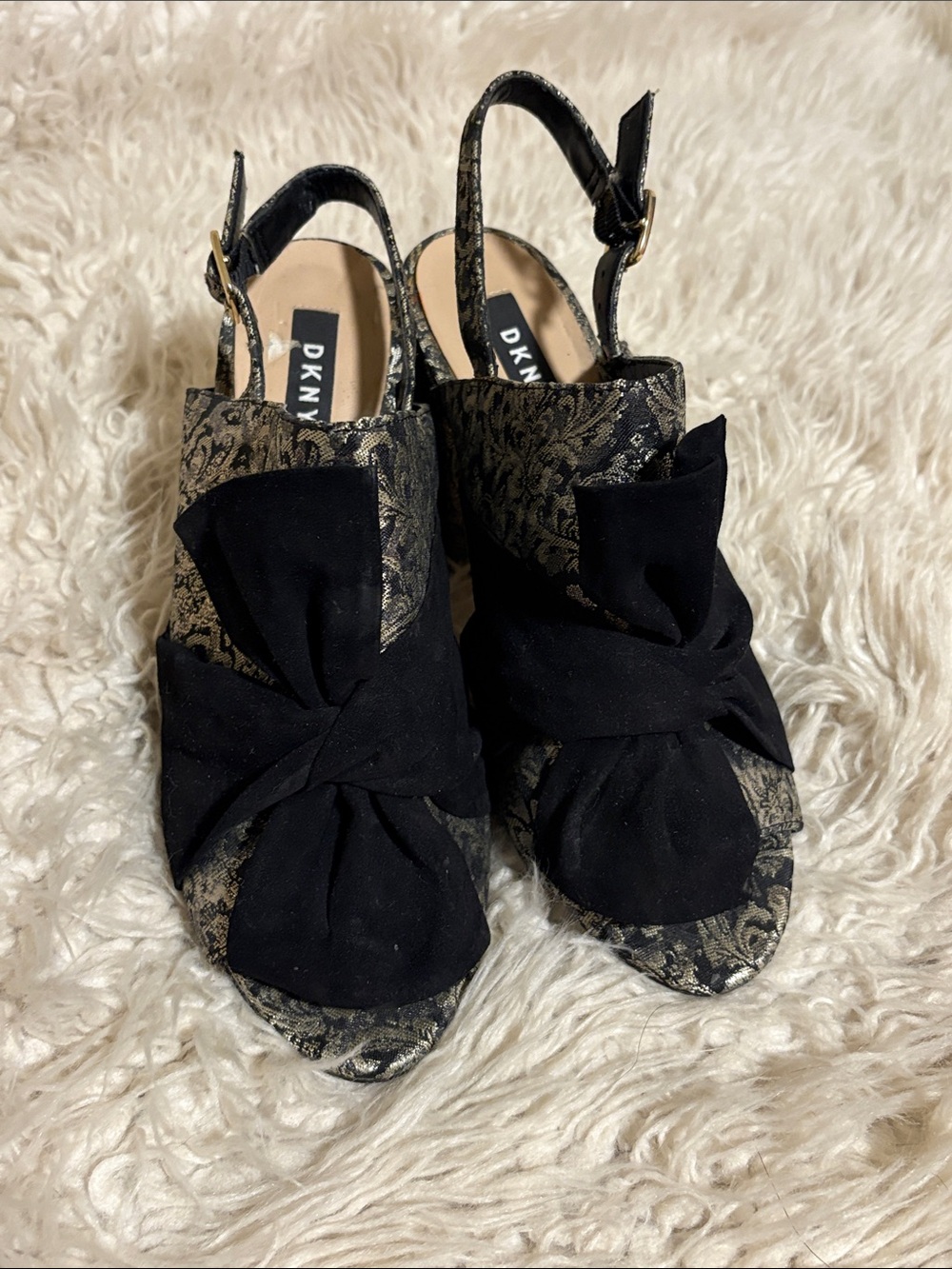 DKNY Black and Gold Brocade Knotted Slingback Heels
